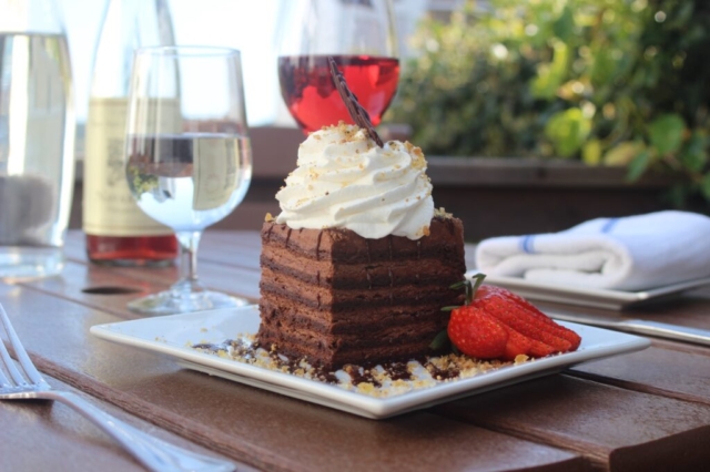 Six Layer Chocolate Cake Dessert at Trillium Cafe, Mendocino, photography by Cassandra Young